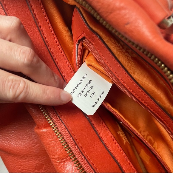 MCM Orange Monogram Embossed Leather Medium Two Way Handbag Tote Crossbody Zip - Picture 9 of 10